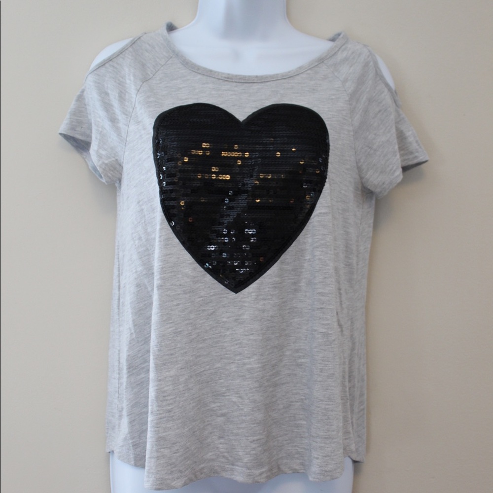 Heather Gray Cold Shoulder Black Heart Top Girls